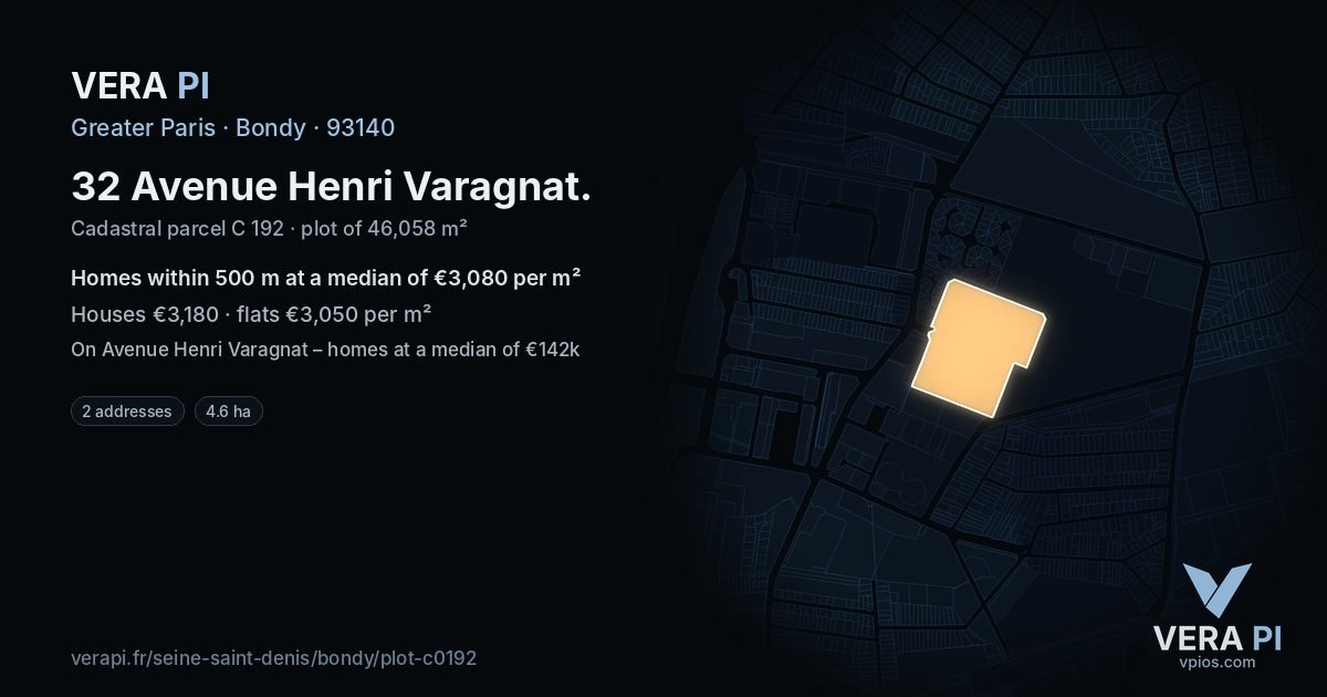 32 Avenue Henri Varagnat, Bondy at night – the plot lit, the parcels around coloured by the prices near them
