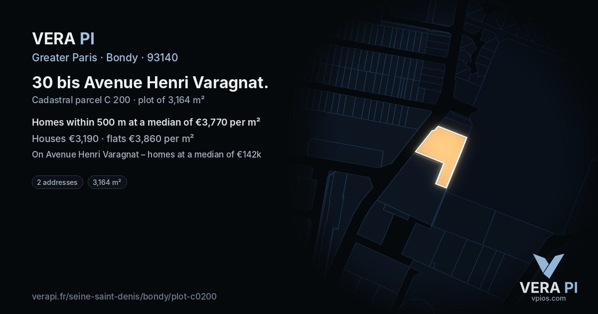 30 bis Avenue Henri Varagnat, Bondy at night – the plot lit, the parcels around coloured by the prices near them