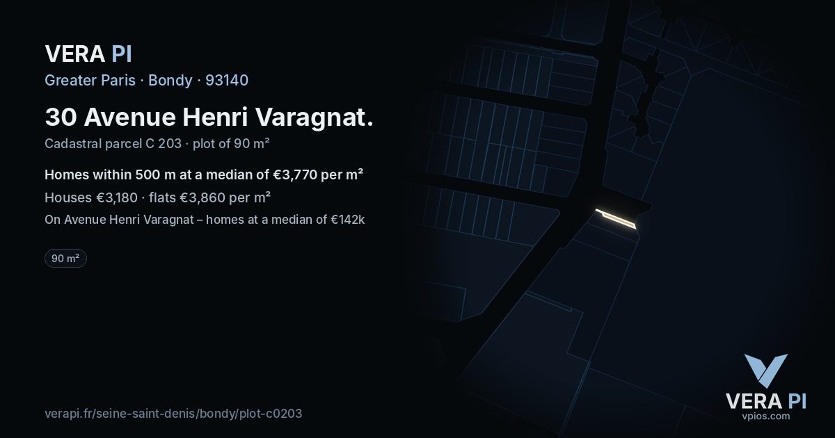30 Avenue Henri Varagnat, Bondy at night – the plot lit, the parcels around coloured by the prices near them