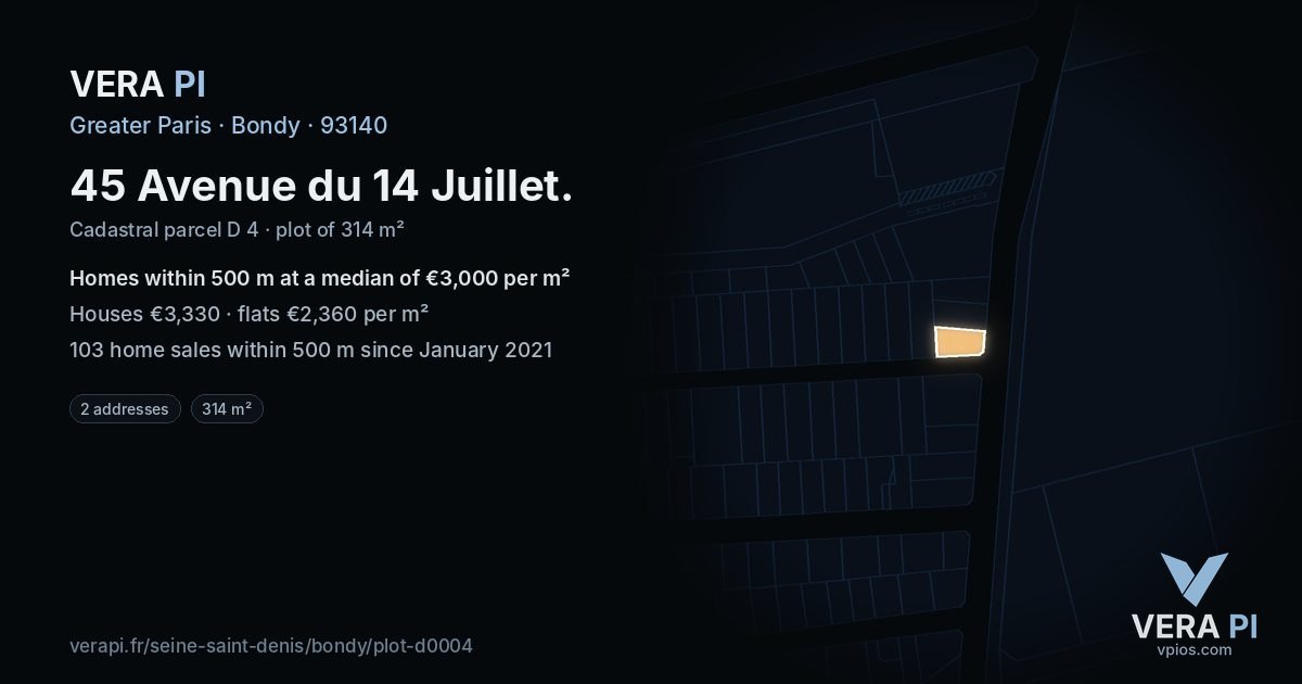 45 Avenue du 14 Juillet, Bondy at night – the plot lit, the parcels around coloured by the prices near them