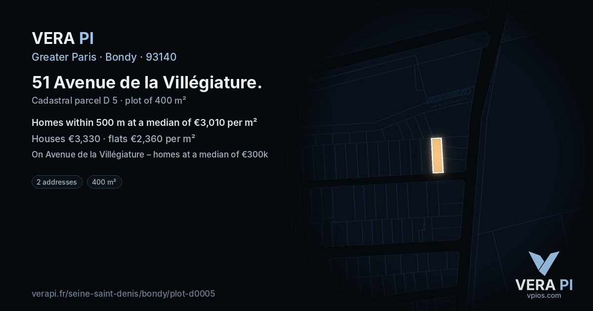 51 Avenue de la Villégiature, Bondy at night – the plot lit, the parcels around coloured by the prices near them