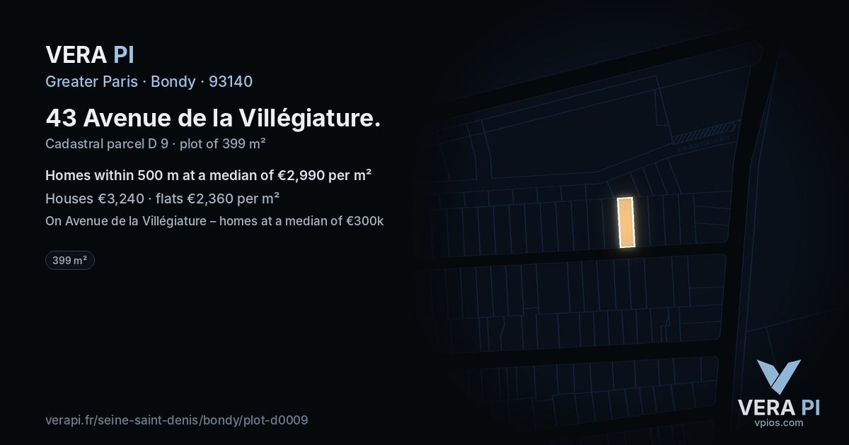 43 Avenue de la Villégiature, Bondy at night – the plot lit, the parcels around coloured by the prices near them