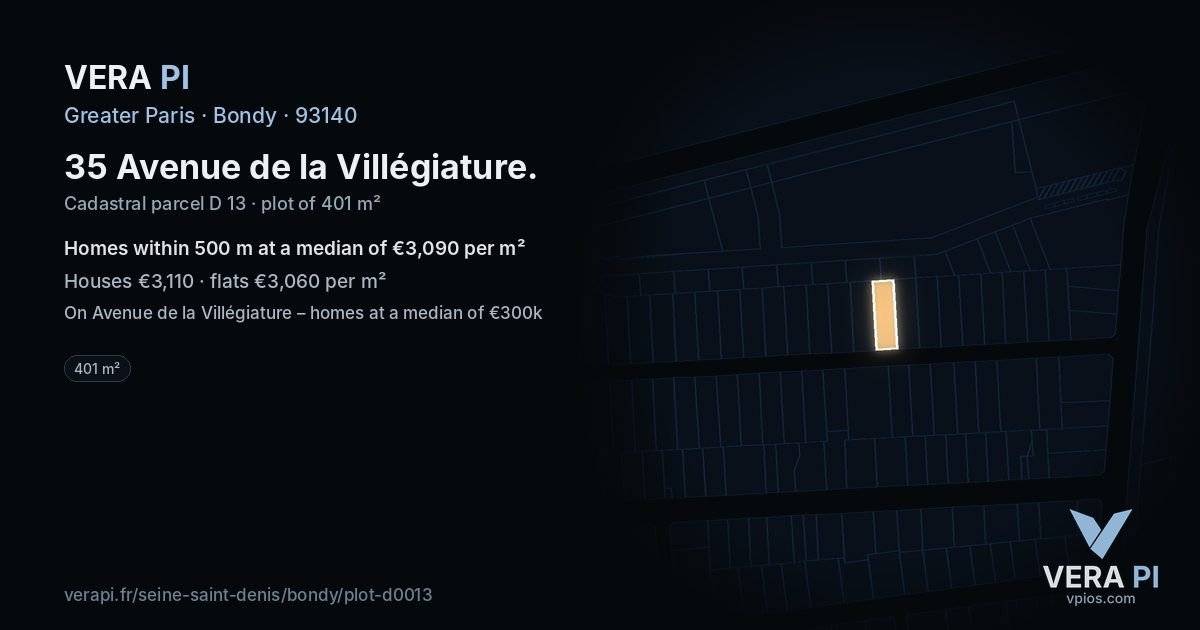 35 Avenue de la Villégiature, Bondy at night – the plot lit, the parcels around coloured by the prices near them