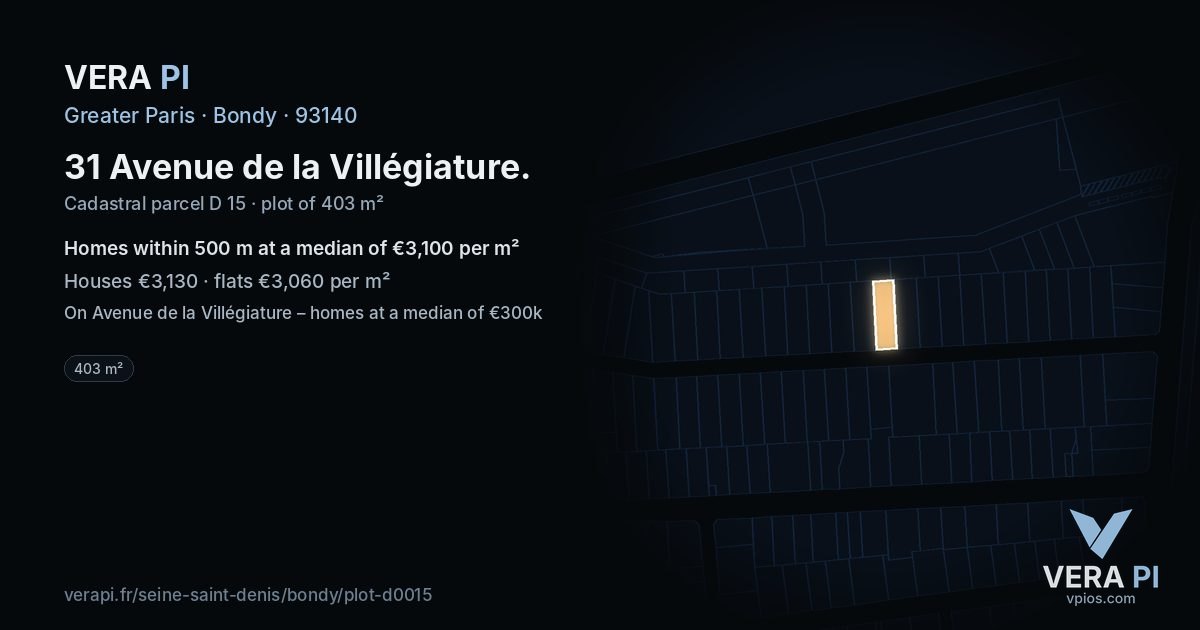 31 Avenue de la Villégiature, Bondy at night – the plot lit, the parcels around coloured by the prices near them