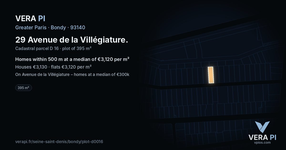 29 Avenue de la Villégiature, Bondy at night – the plot lit, the parcels around coloured by the prices near them