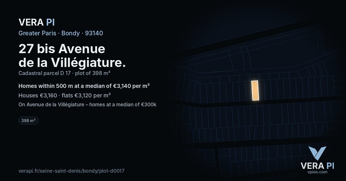27 bis Avenue de la Villégiature, Bondy at night – the plot lit, the parcels around coloured by the prices near them