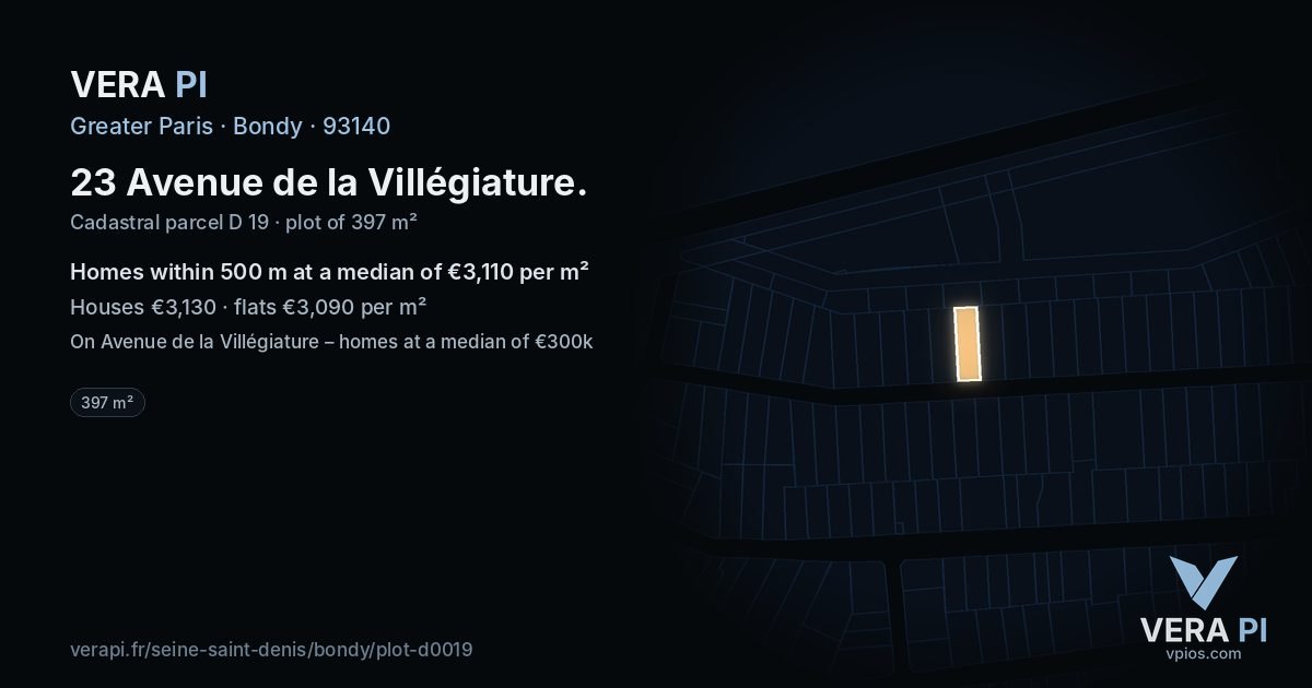 23 Avenue de la Villégiature, Bondy at night – the plot lit, the parcels around coloured by the prices near them