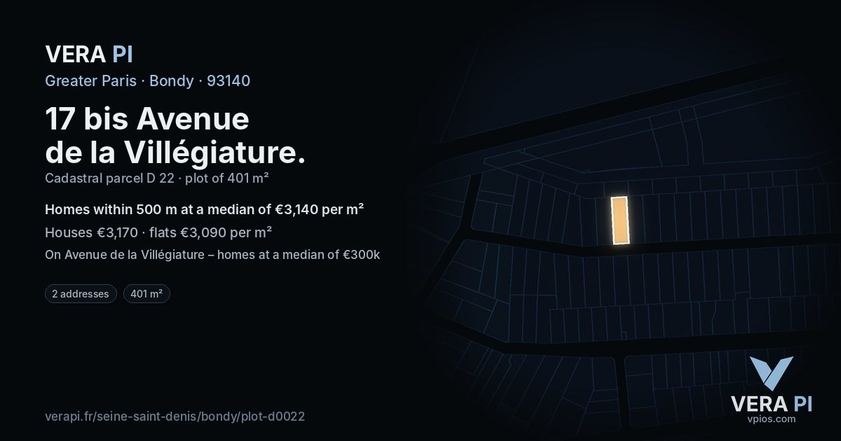 17 bis Avenue de la Villégiature, Bondy at night – the plot lit, the parcels around coloured by the prices near them