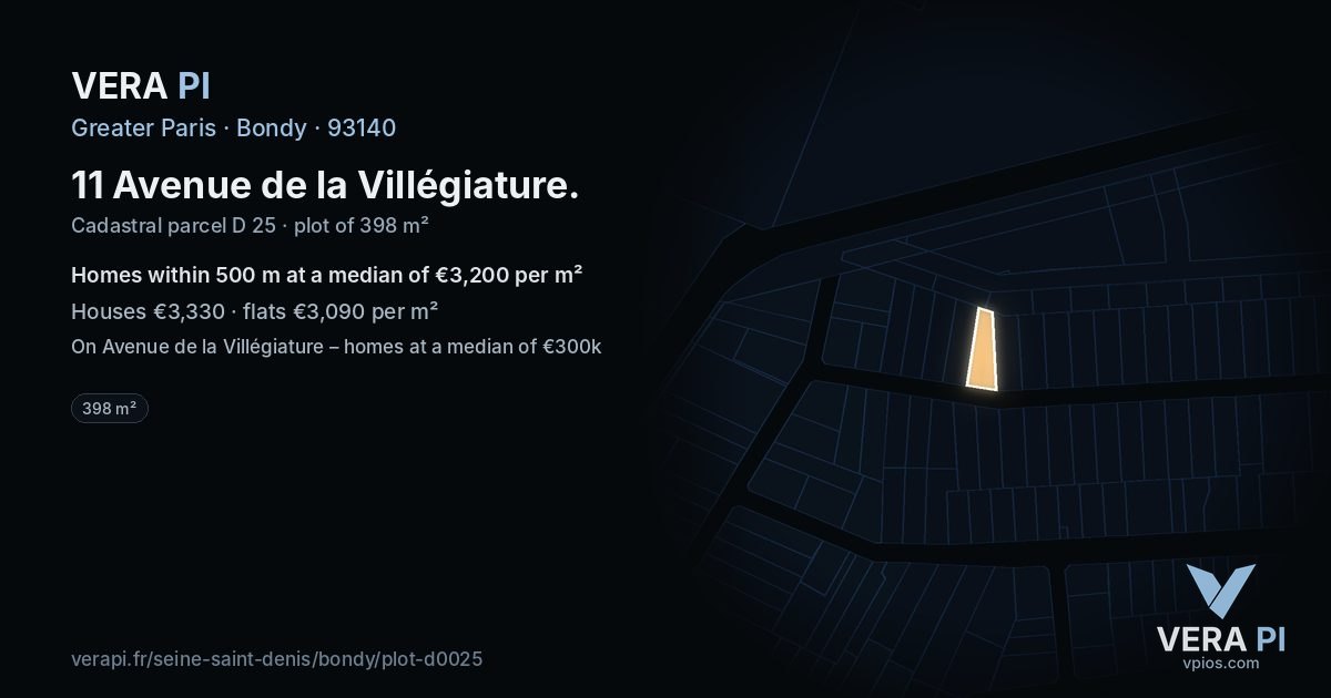 11 Avenue de la Villégiature, Bondy at night – the plot lit, the parcels around coloured by the prices near them