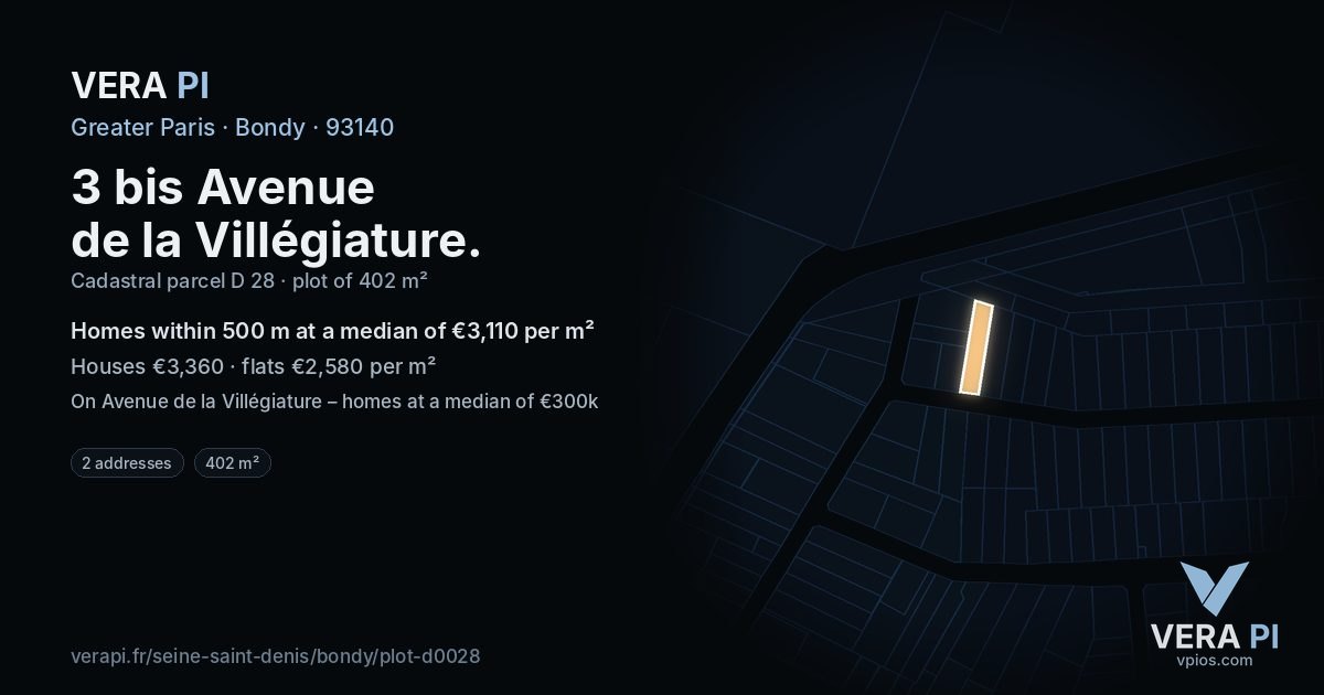 3 bis Avenue de la Villégiature, Bondy at night – the plot lit, the parcels around coloured by the prices near them