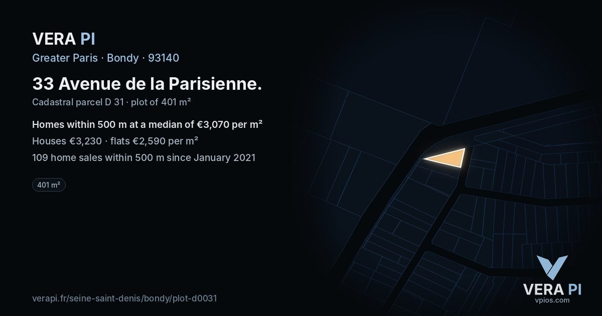 33 Avenue de la Parisienne, Bondy at night – the plot lit, the parcels around coloured by the prices near them