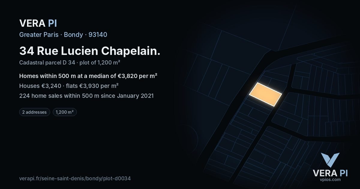 34 Rue Lucien Chapelain, Bondy at night – the plot lit, the parcels around coloured by the prices near them
