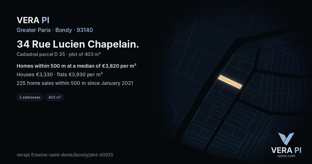 34 Rue Lucien Chapelain, Bondy at night – the plot lit, the parcels around coloured by the prices near them
