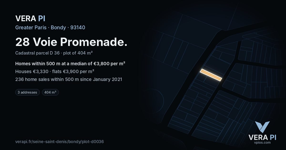 28 Voie Promenade, Bondy at night – the plot lit, the parcels around coloured by the prices near them