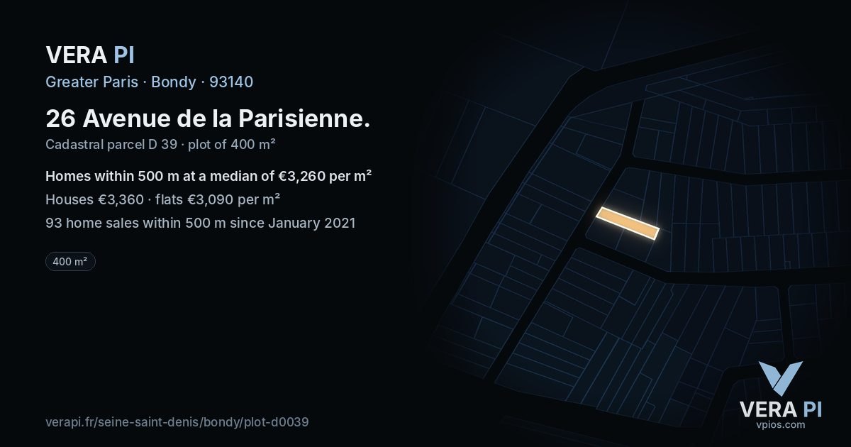 26 Avenue de la Parisienne, Bondy at night – the plot lit, the parcels around coloured by the prices near them