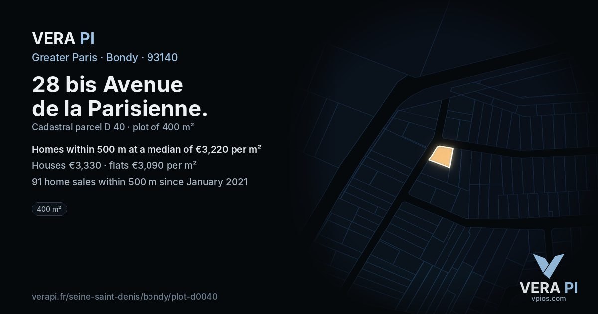 28 bis Avenue de la Parisienne, Bondy at night – the plot lit, the parcels around coloured by the prices near them