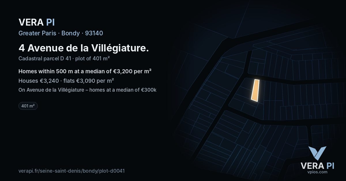 4 Avenue de la Villégiature, Bondy at night – the plot lit, the parcels around coloured by the prices near them