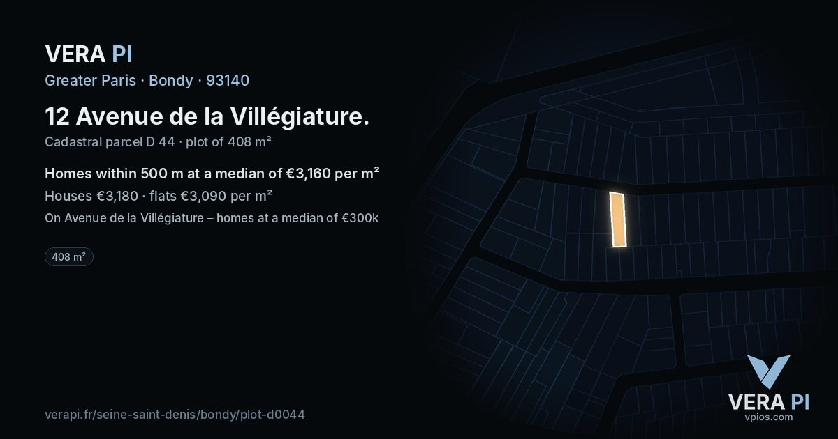 12 Avenue de la Villégiature, Bondy at night – the plot lit, the parcels around coloured by the prices near them
