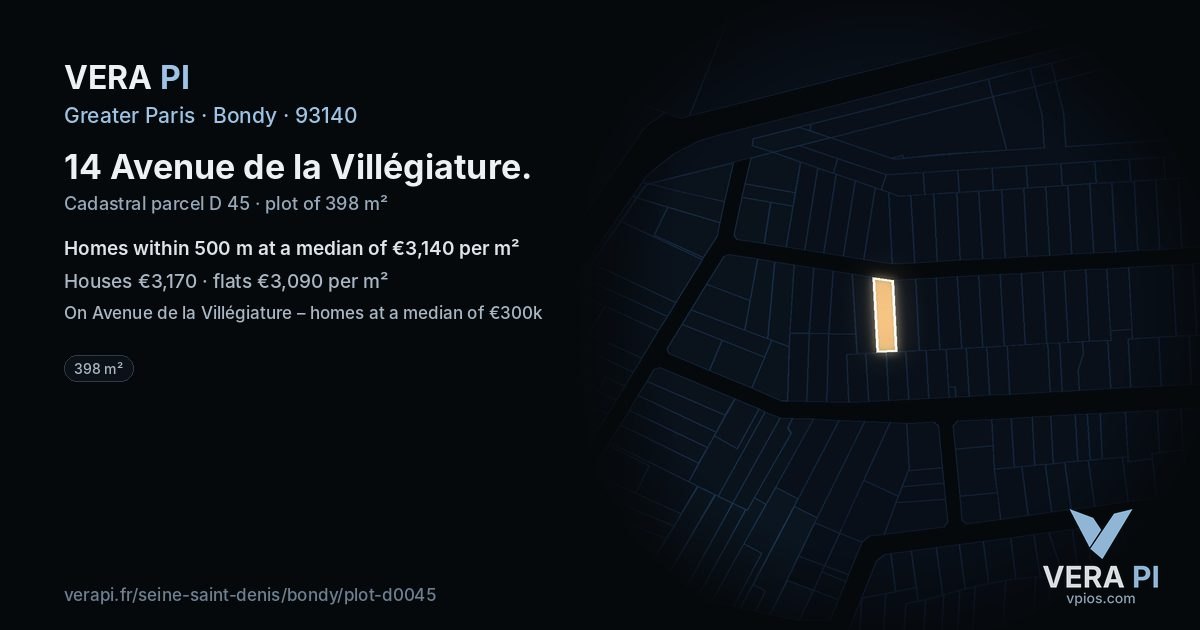 14 Avenue de la Villégiature, Bondy at night – the plot lit, the parcels around coloured by the prices near them