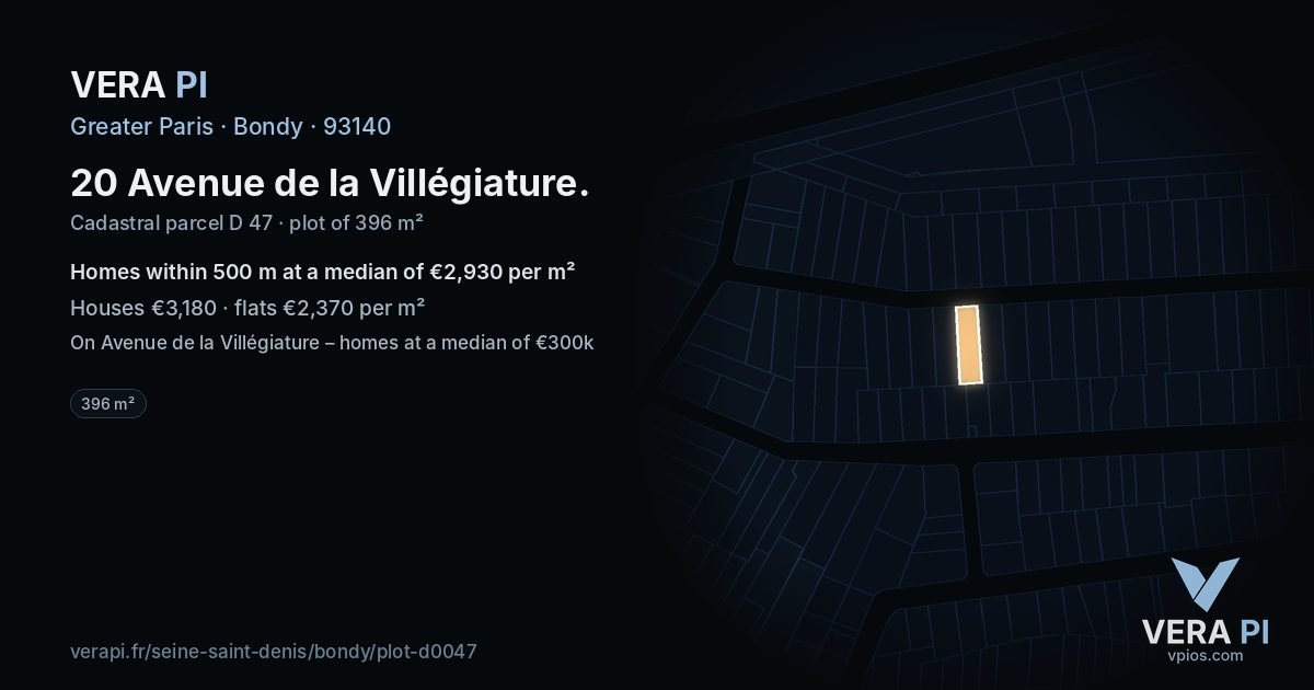20 Avenue de la Villégiature, Bondy at night – the plot lit, the parcels around coloured by the prices near them