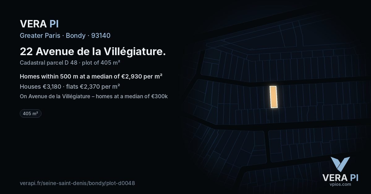 22 Avenue de la Villégiature, Bondy at night – the plot lit, the parcels around coloured by the prices near them