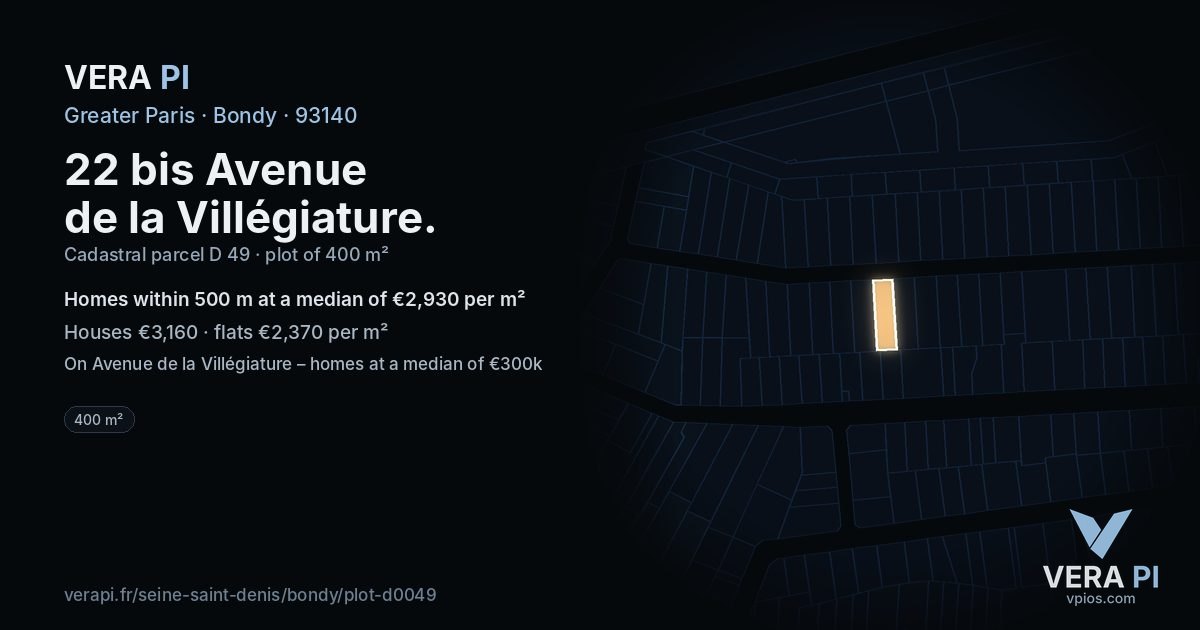 22 bis Avenue de la Villégiature, Bondy at night – the plot lit, the parcels around coloured by the prices near them