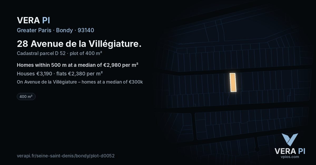 28 Avenue de la Villégiature, Bondy at night – the plot lit, the parcels around coloured by the prices near them
