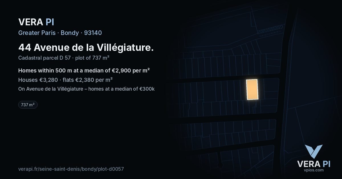 44 Avenue de la Villégiature, Bondy at night – the plot lit, the parcels around coloured by the prices near them