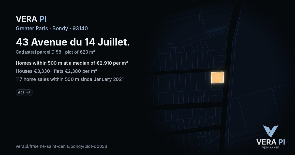 43 Avenue du 14 Juillet, Bondy at night – the plot lit, the parcels around coloured by the prices near them