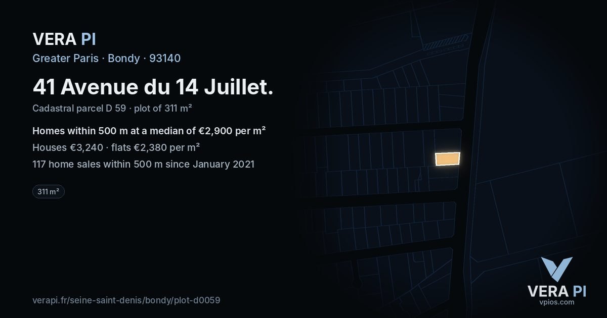 41 Avenue du 14 Juillet, Bondy at night – the plot lit, the parcels around coloured by the prices near them