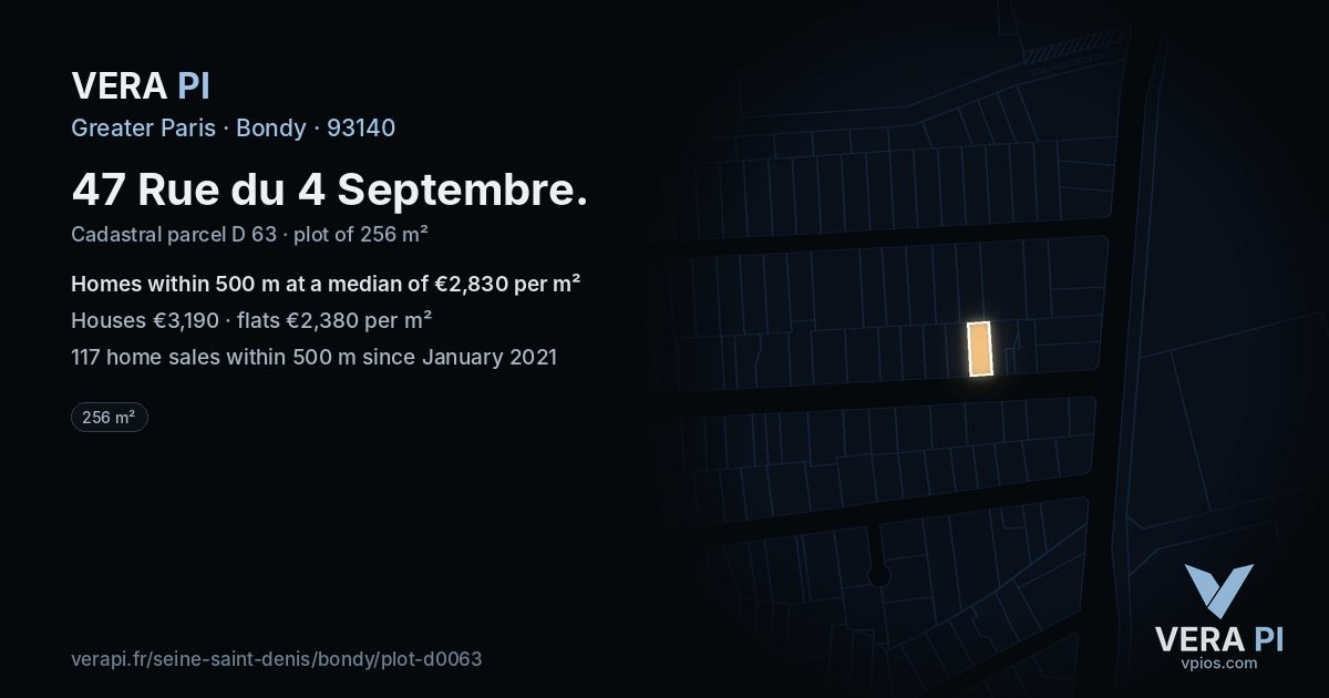 47 Rue du 4 Septembre, Bondy at night – the plot lit, the parcels around coloured by the prices near them