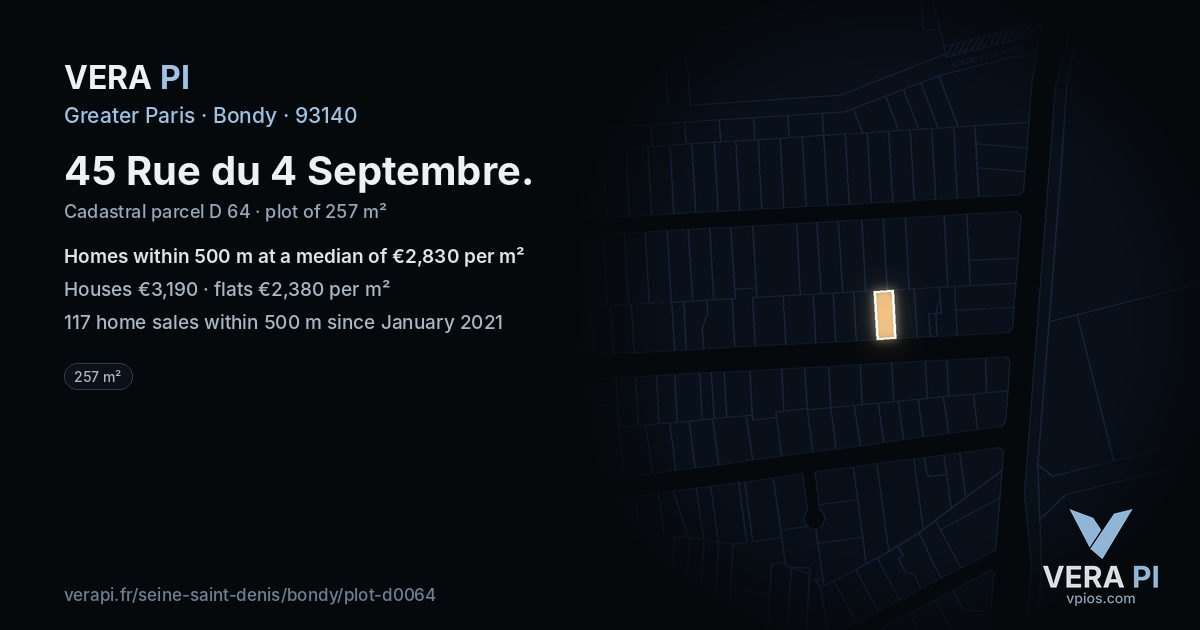 45 Rue du 4 Septembre, Bondy at night – the plot lit, the parcels around coloured by the prices near them