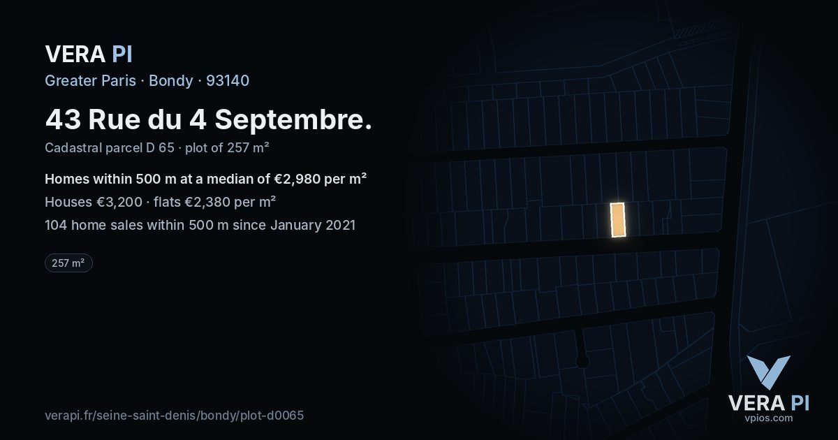 43 Rue du 4 Septembre, Bondy at night – the plot lit, the parcels around coloured by the prices near them