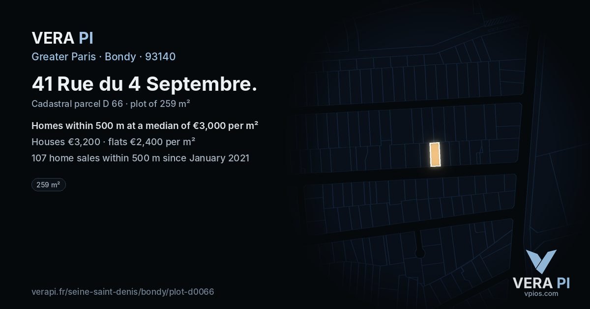 41 Rue du 4 Septembre, Bondy at night – the plot lit, the parcels around coloured by the prices near them