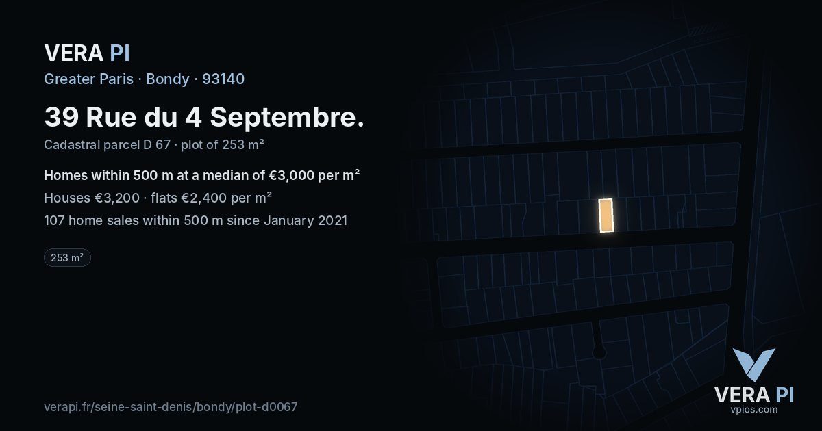 39 Rue du 4 Septembre, Bondy at night – the plot lit, the parcels around coloured by the prices near them