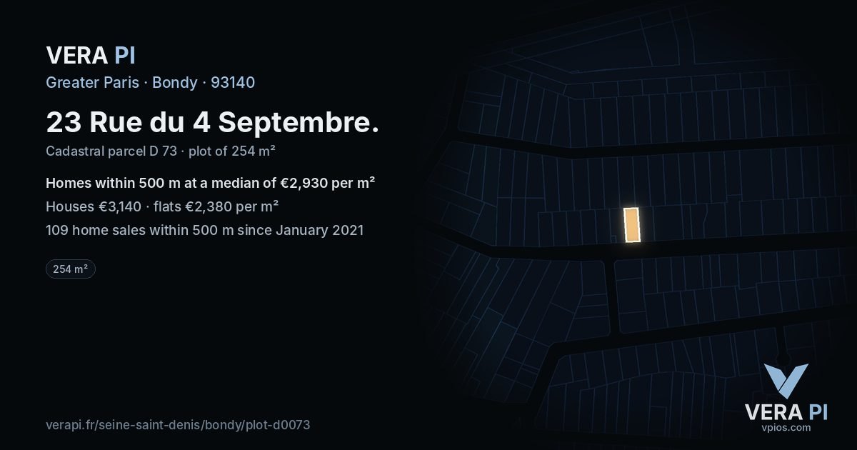 23 Rue du 4 Septembre, Bondy at night – the plot lit, the parcels around coloured by the prices near them