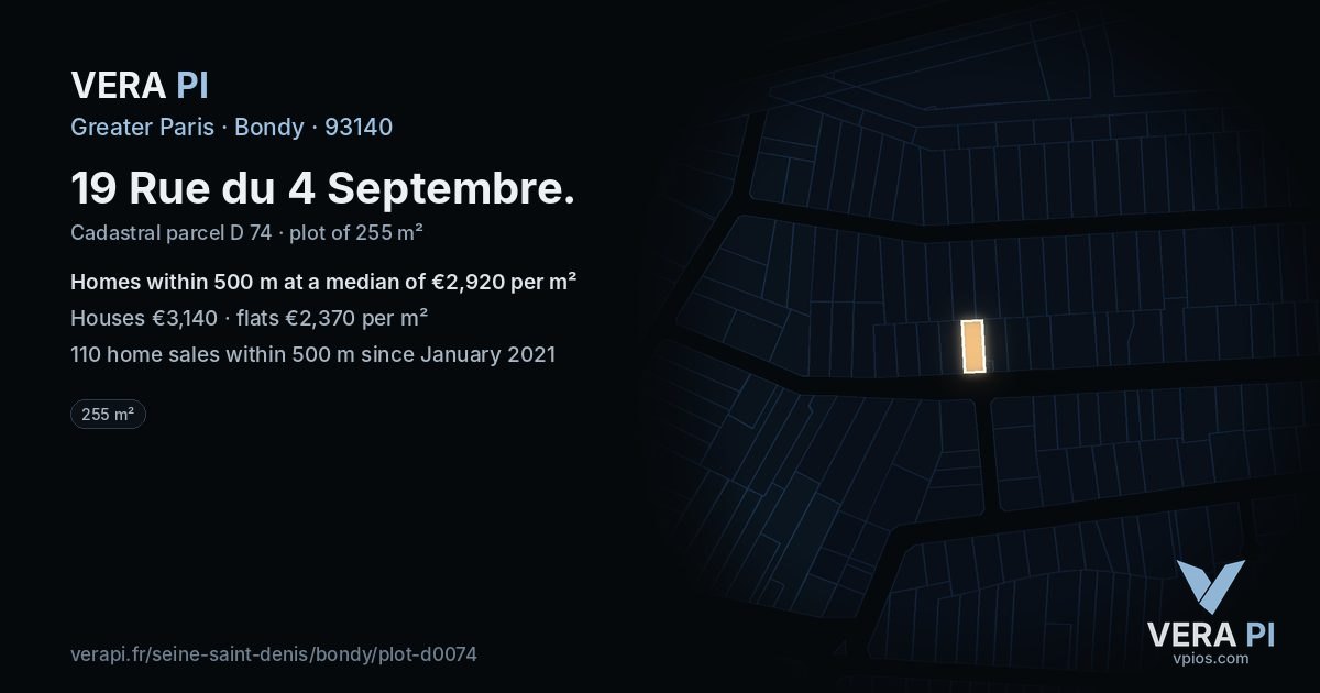 19 Rue du 4 Septembre, Bondy at night – the plot lit, the parcels around coloured by the prices near them