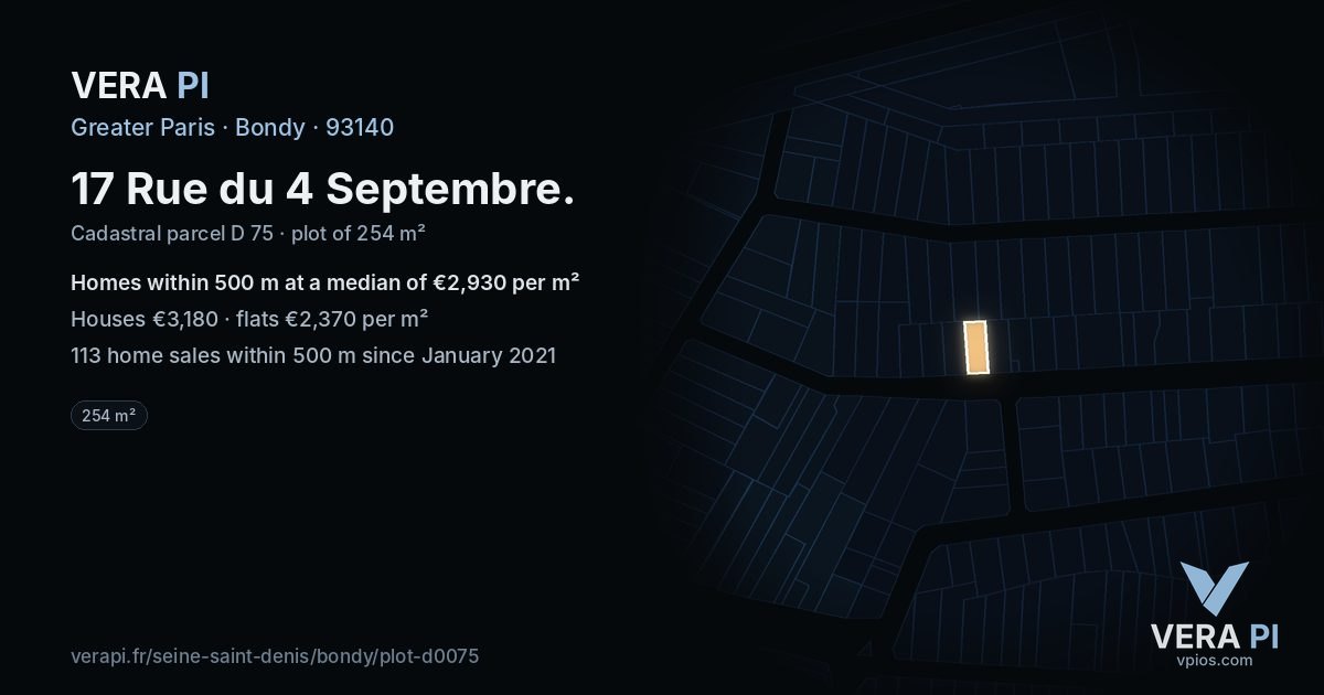 17 Rue du 4 Septembre, Bondy at night – the plot lit, the parcels around coloured by the prices near them