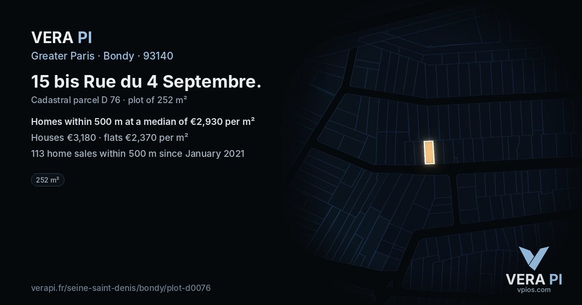 15 bis Rue du 4 Septembre, Bondy at night – the plot lit, the parcels around coloured by the prices near them