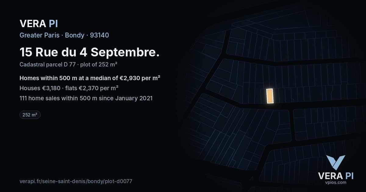 15 Rue du 4 Septembre, Bondy at night – the plot lit, the parcels around coloured by the prices near them