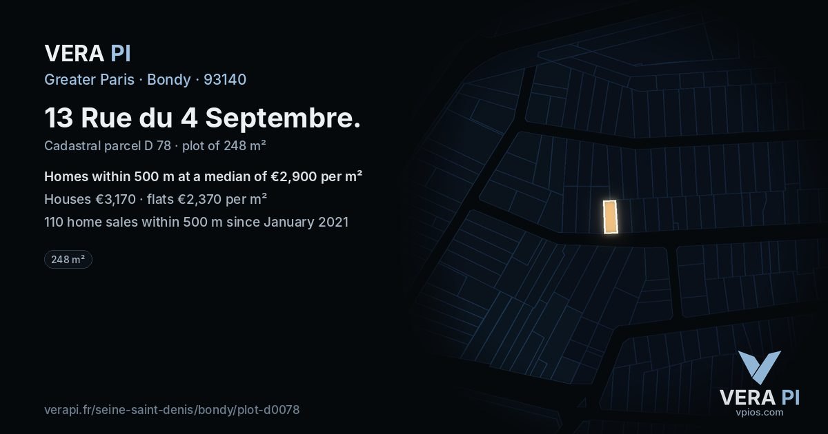 13 Rue du 4 Septembre, Bondy at night – the plot lit, the parcels around coloured by the prices near them