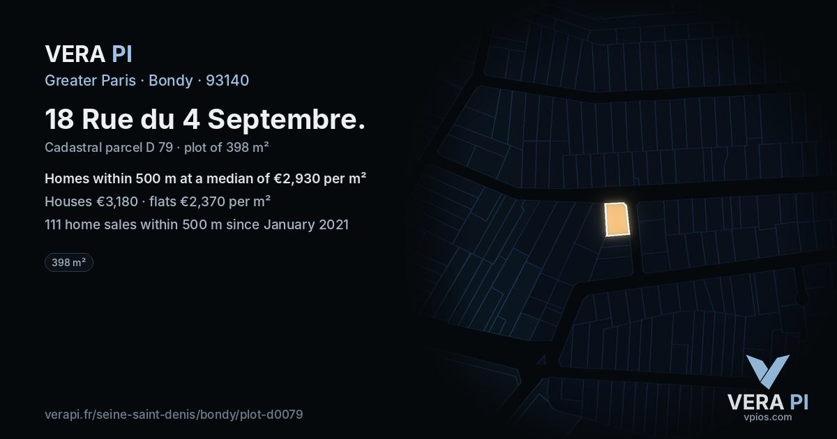 18 Rue du 4 Septembre, Bondy at night – the plot lit, the parcels around coloured by the prices near them