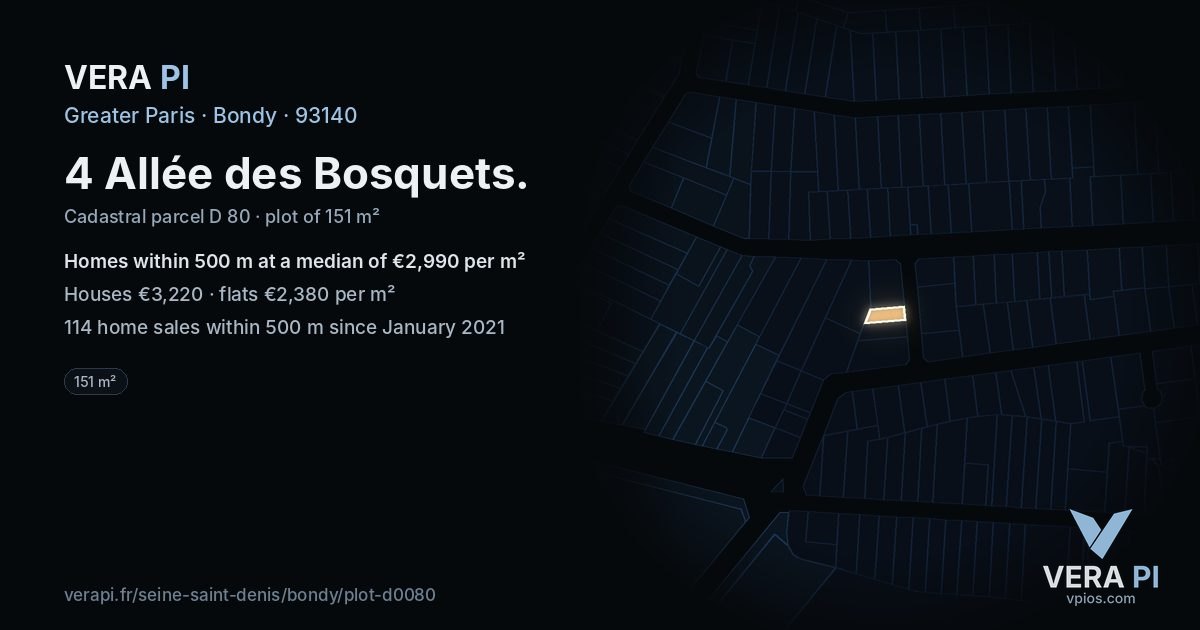 4 Allée des Bosquets, Bondy at night – the plot lit, the parcels around coloured by the prices near them