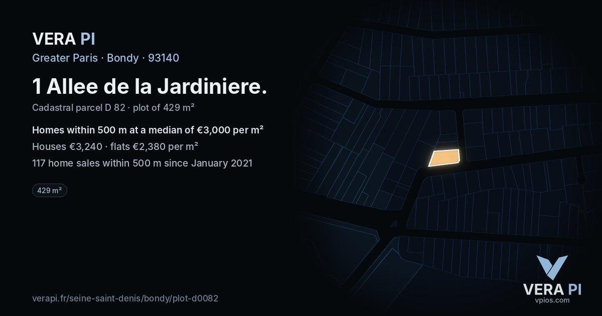 1 Allee de la Jardiniere, Bondy at night – the plot lit, the parcels around coloured by the prices near them
