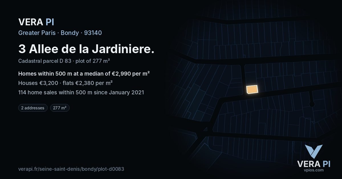 3 Allee de la Jardiniere, Bondy at night – the plot lit, the parcels around coloured by the prices near them