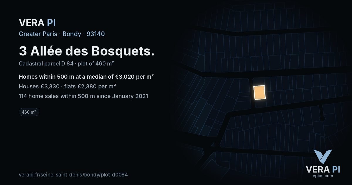 3 Allée des Bosquets, Bondy at night – the plot lit, the parcels around coloured by the prices near them