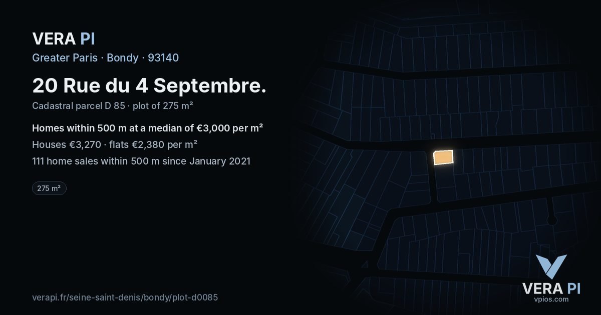 20 Rue du 4 Septembre, Bondy at night – the plot lit, the parcels around coloured by the prices near them