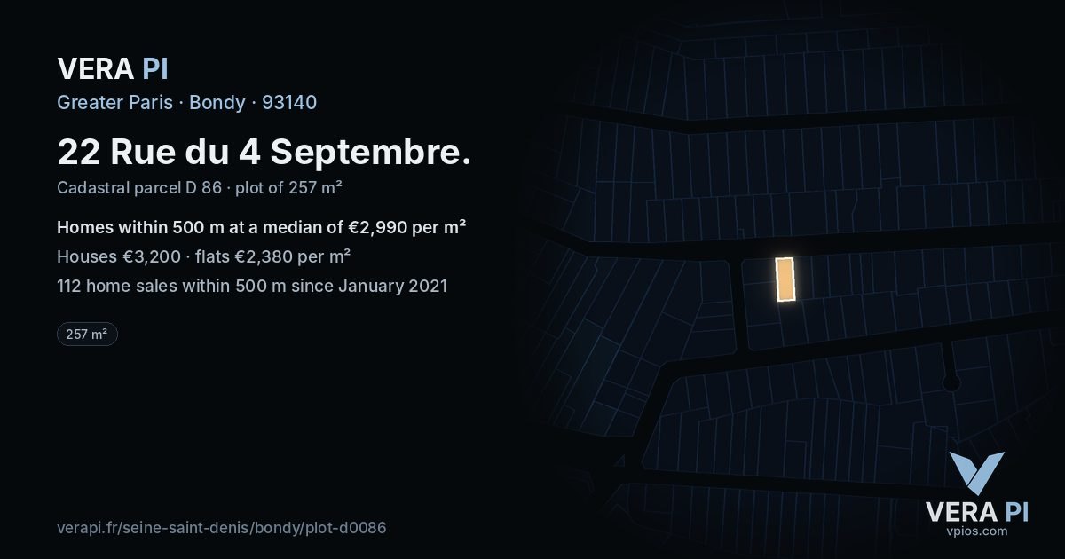 22 Rue du 4 Septembre, Bondy at night – the plot lit, the parcels around coloured by the prices near them