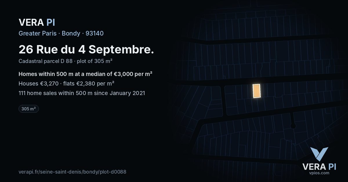 26 Rue du 4 Septembre, Bondy at night – the plot lit, the parcels around coloured by the prices near them