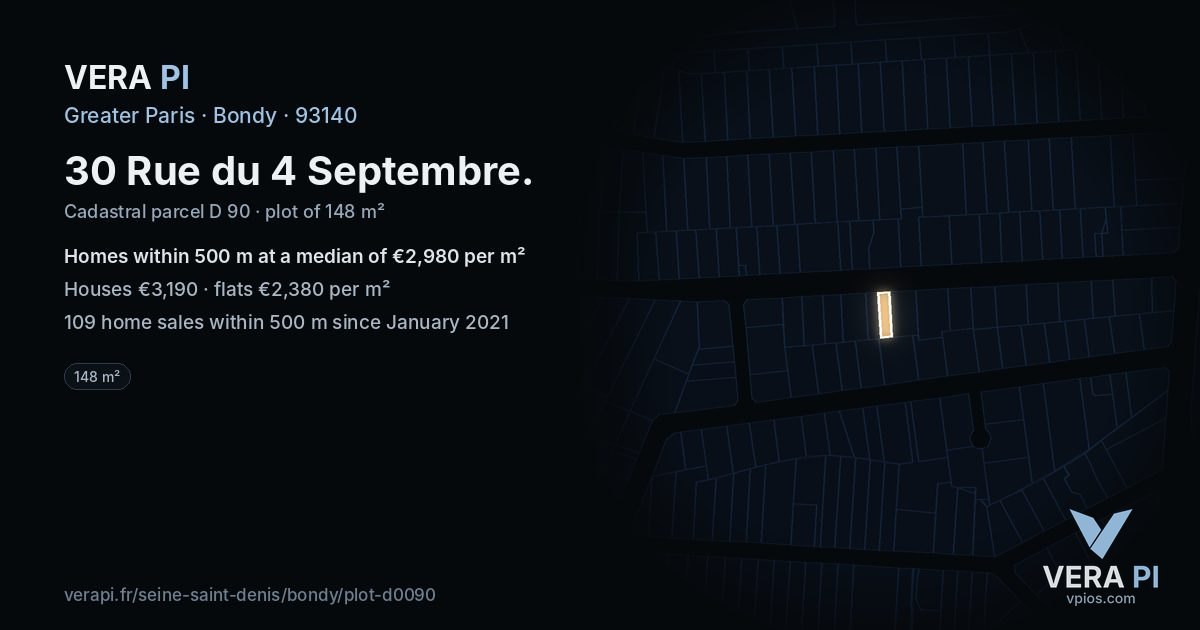 30 Rue du 4 Septembre, Bondy at night – the plot lit, the parcels around coloured by the prices near them